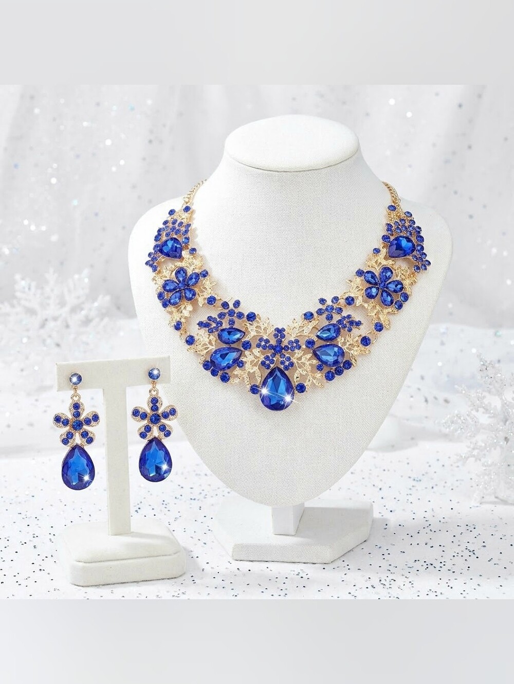 Gold-Tone Statement Necklace and Drop Earrings with Blue-Violet Crystals